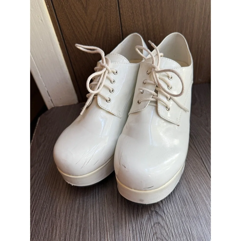 White Platform Oxford Heels, Women's Lace Up Chunky Heel Shoes, Retro size small